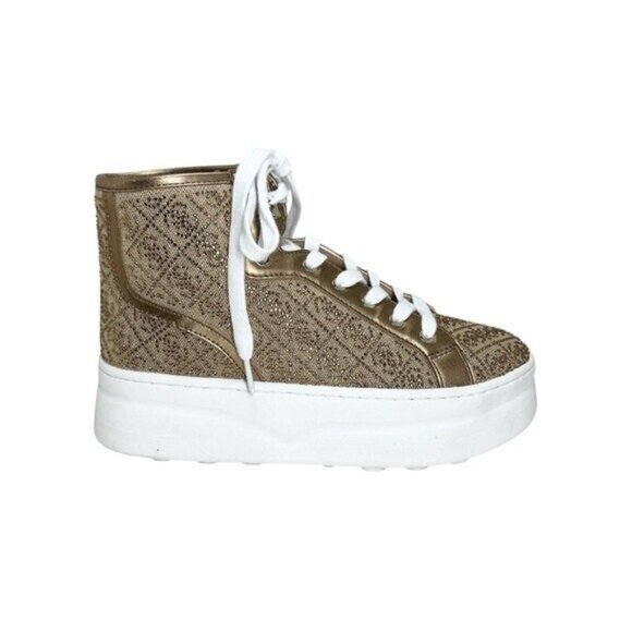 GUESS Women's Queenly Rhinestone Bronze Logo Embellished High Top Sneakers 7.5M - Picture 1 of 13